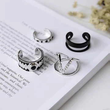 V字晶鑽黑環×四套件戒指組×銀