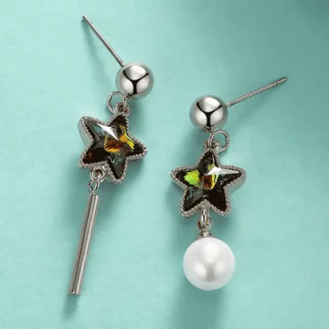 925銀針×星星珍珠炫彩水晶×不對稱耳針