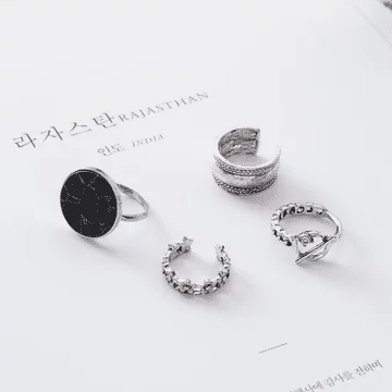 花冠黑松石紋×四套件戒指組×銀