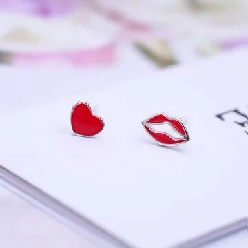925銀針&times;愛心紅唇 &times;不對稱耳針