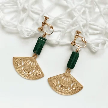 宮廷扇形瑪瑙×螺旋耳夾×袓母綠