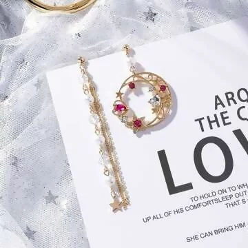 桃晶星心珍珠流蘇×不對稱吊墜耳環