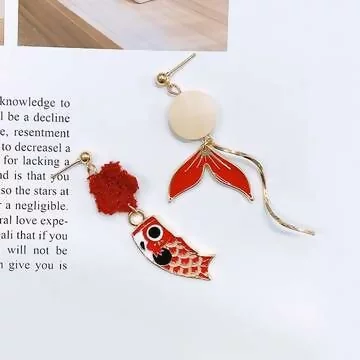 毛線小花紅鯉魚&times;不對稱吊墜耳環