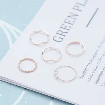 三顆珍珠波紋麻花&times;五套件戒指組&times;金色