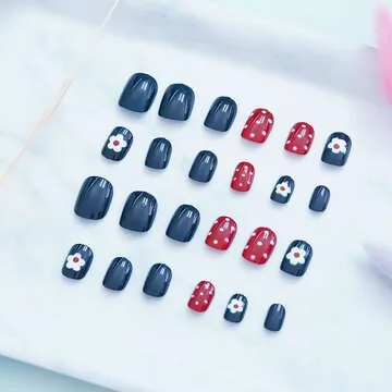藏藍小花紅點點亮面×穿戴式手指甲片×二十四入
