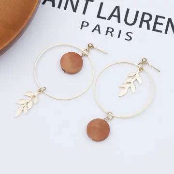 圓形原木橄欖葉圓環×吊墜耳環