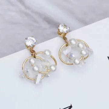 雙層晶鑽珍珠圓環&times;吊墜耳環