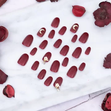 大紅月亮小花水滴亮面×穿戴式手指甲片×二十四入