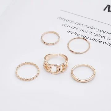 粗曠鍊條細圈麻捲&times;五套件戒指組&times;金色