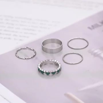 綠心雅優龐克&times;五套件戒指組&times;銀色 