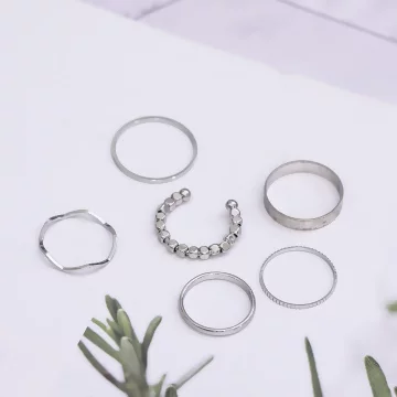 小碎銀簡約波浪&times;六套件戒指組&times;銀色