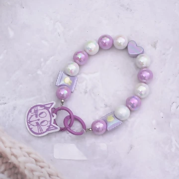 紫色愛心糖果貓咪吊牌&times;手機腕帶掛繩