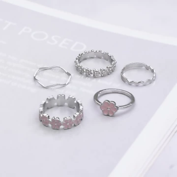 甜美粉紅花朵&times;五套件戒指組&times;銀色