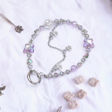 彩蝶水晶串珠×手機腕帶掛繩×紫色