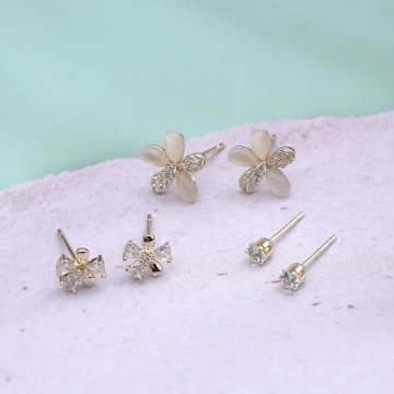 貓眼石輕奢鋯石花朵×三套件耳環組
