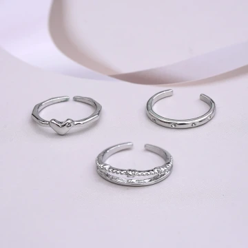 素雅桃心小水鑽×三套件戒指組×銀色