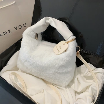 皺折提把毛絨小包方×斜背包×白色