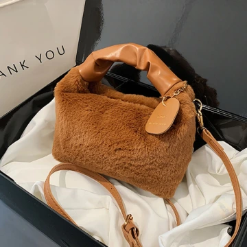 皺折提把毛絨小包方×斜背包×棕咖