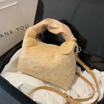 皺折提把毛絨小包方×斜背包×卡其