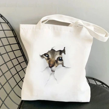 仿真貓咪帆布×肩背包×灰貓在偷看