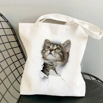 仿真貓咪帆布×肩背包×灰貓抬頭看
