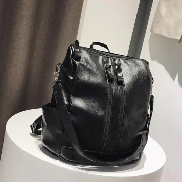 黑皮革雙拉鍊可肩背多功能×後背包