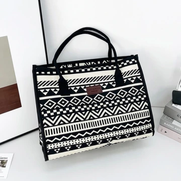 民族風線條圖騰印花×手提袋×黑色