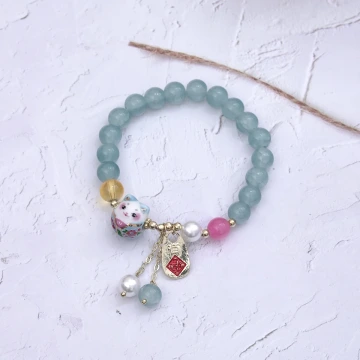 水藍有福御守貓&times;固定式串珠手鍊