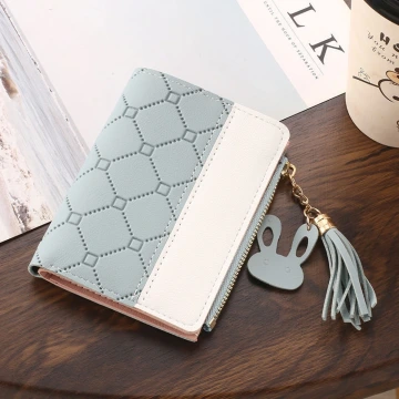 菱紋壓線×對折拉鍊短皮夾×藍色