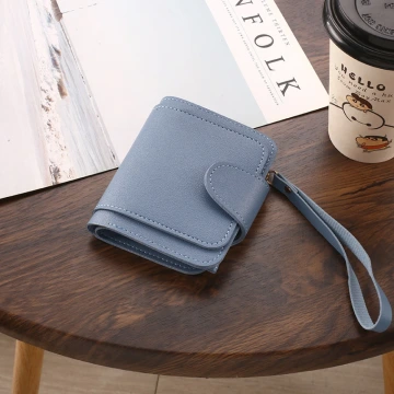 簡約皮革&times;翻頁三層短皮夾&times;藍色
