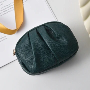 單色荔枝紋抓皺×雙層拉鍊零錢包×綠色