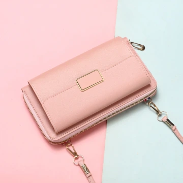 雙層口袋皮革&times;可斜背&times;手機拉鍊長皮夾&times;粉紅
