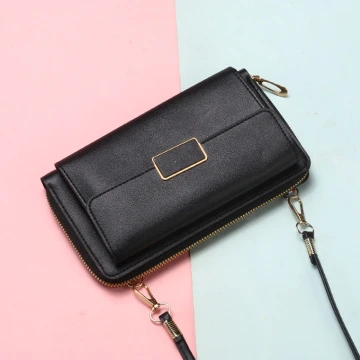雙層口袋皮革×可斜背×手機拉鍊長皮夾×黑色