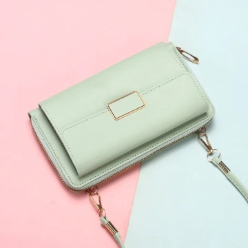 雙層口袋皮革×可斜背×手機拉鍊長皮夾×綠色