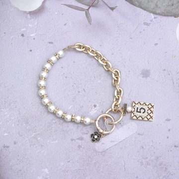 大珍珠香水5號鍊條×手機腕帶掛繩×金色