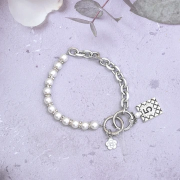 大珍珠香水5號鍊條×手機腕帶掛繩×銀色