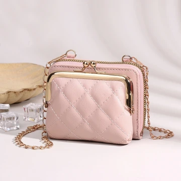菱格紋口金包×可斜背×雙層可拆×拉鍊短皮夾×粉紅