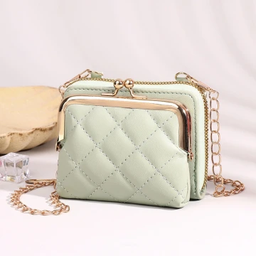 菱格紋口金包×可斜背×雙層可拆×拉鍊短皮夾×綠色