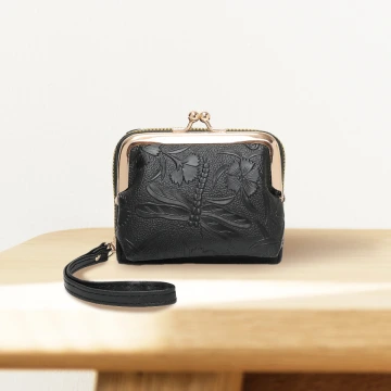 復古花園壓紋口金包×雙層可拆×風琴卡夾×黑色