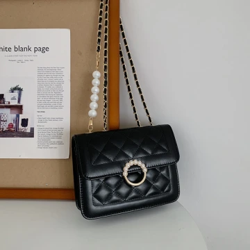 小香風珍珠輕奢菱格紋×斜背包×黑色