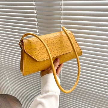 法式梯型鱷魚紋素色×肩背包×黃色