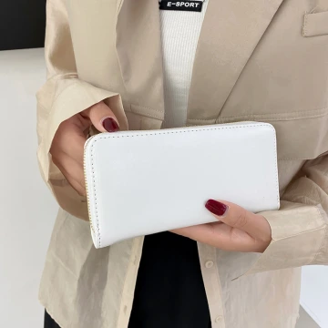 極簡素面皮革×拉鍊長皮夾×白色