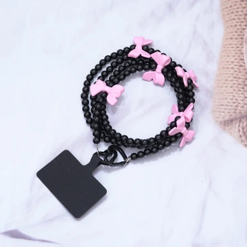 黑珠桃粉蝴蝶結×手機斜背雙勾掛繩