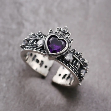 美式&times;復古&times;紫色鋯石&times;愛心皇冠&times;開口戒指