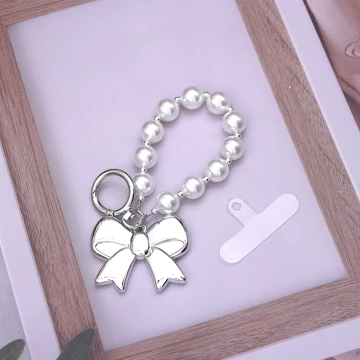 超大蝴蝶結珍珠×手機掌上掛繩×銀色