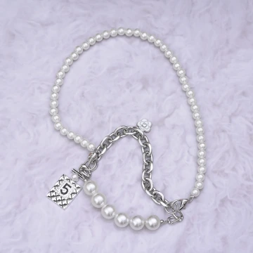 銀色山茶花香水瓶珍珠×飲料杯繩×珍珠提把