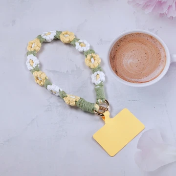 小花朵編織×手機腕帶掛繩×綠黃白