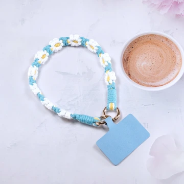 小花朵編織×手機腕帶掛繩×藍白