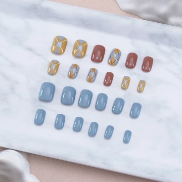 奶黃藍格撞色亮面×穿戴式手指甲片×二十四入