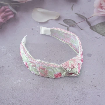 扭結綠意紅花刺繡&times;髮箍